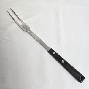 Vintage Ekco Forge Stainless Steel Meat Carving Fork, Black Handle, USA, 11.5"